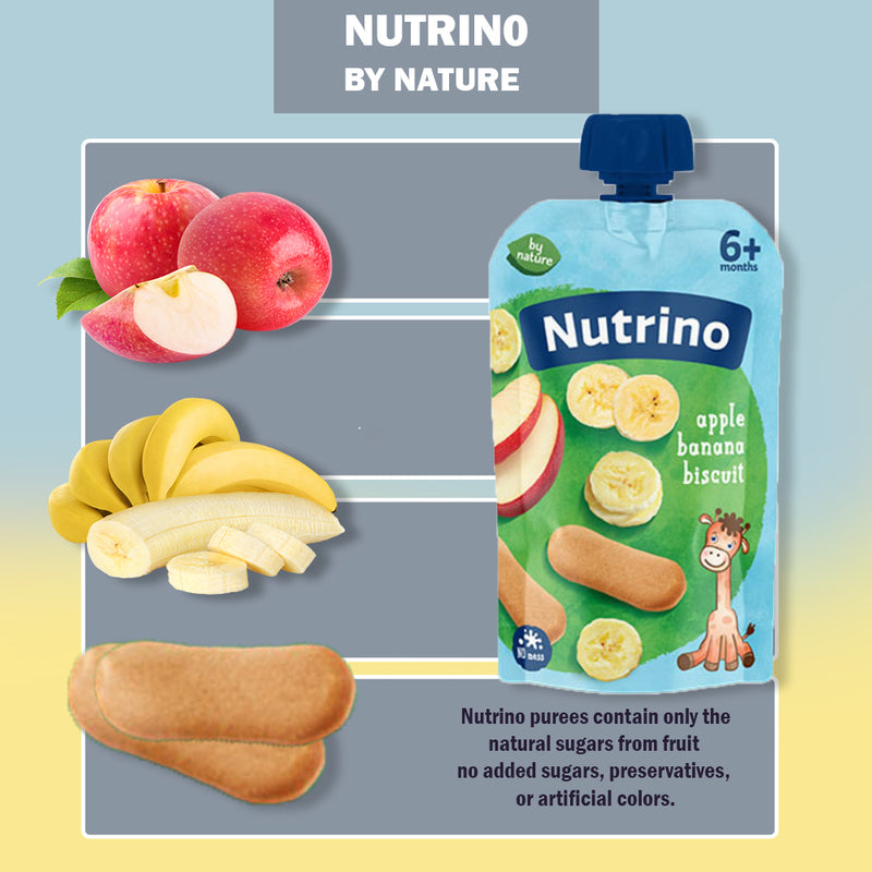Load image into Gallery viewer, Nutrino Apple Banana Biscuit Fruit Puree – 10 x 100g Pouches – Smooth Fruit Blend for Babies and Toddlers – No Added Sugar or Preservatives – Convenient On-the-Go Snack
