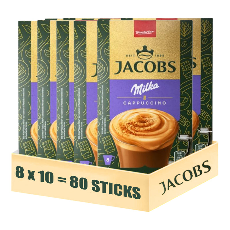 Load image into Gallery viewer, Jacobs Milka, cappuccino, 8 sticks, 126.4 g, single portions, fresh supply of wholesale, strong and rich coffee
