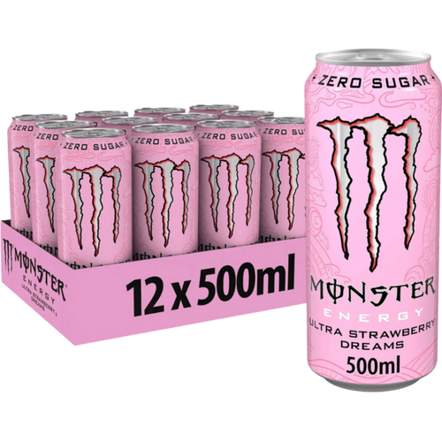 Monster Energy Drink Ultra Strawberry Dreams, Zero Sugar Energy Drink, 12 x 500 ml