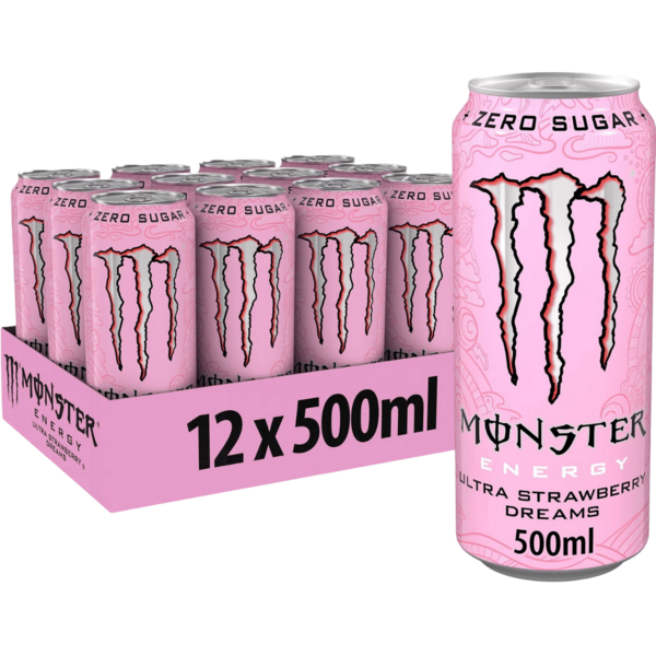 Monster Energy Drink Ultra Strawberry Dreams, Zero Sugar Energy Drink, 12 x 500 ml